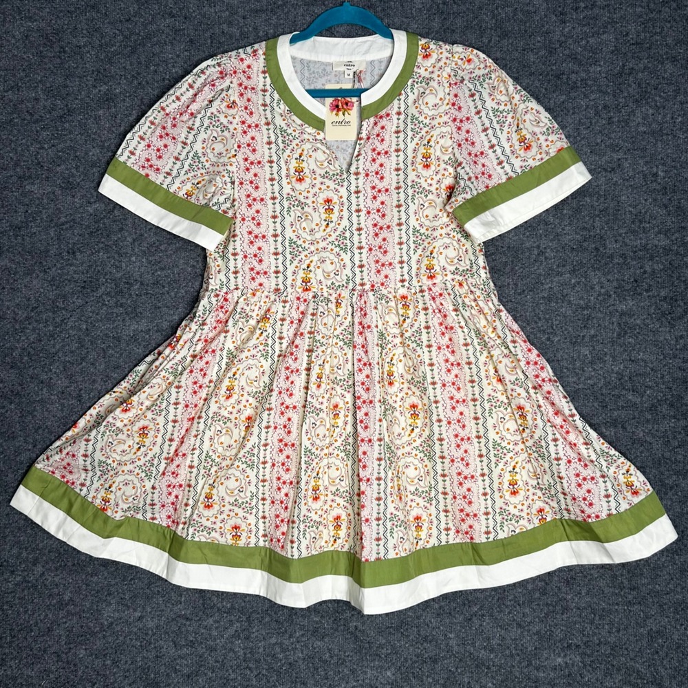 Entro Women Floral Paisley Mini Dress Cotton Short Sleeve Multicolor Medium